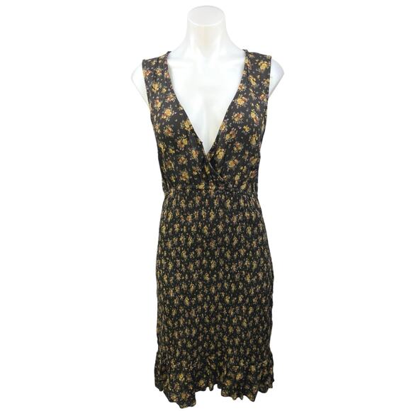 American Eagle Black Multicolor Floral Smocked Sleeveless V-neck Bodycon Dress L - Picture 1 of 5